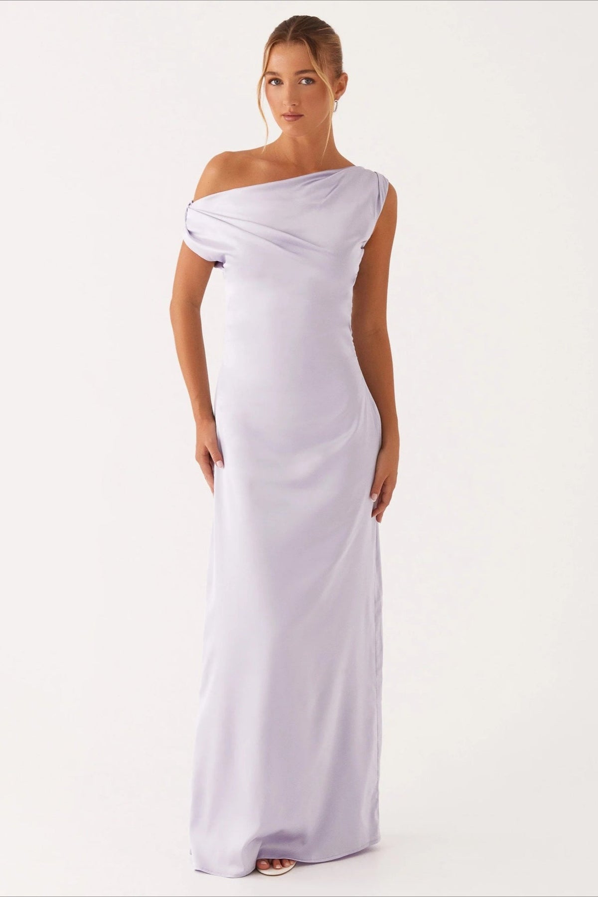 Satin Asymmetric One Shoulder Ruched Maxi Gown - View 15