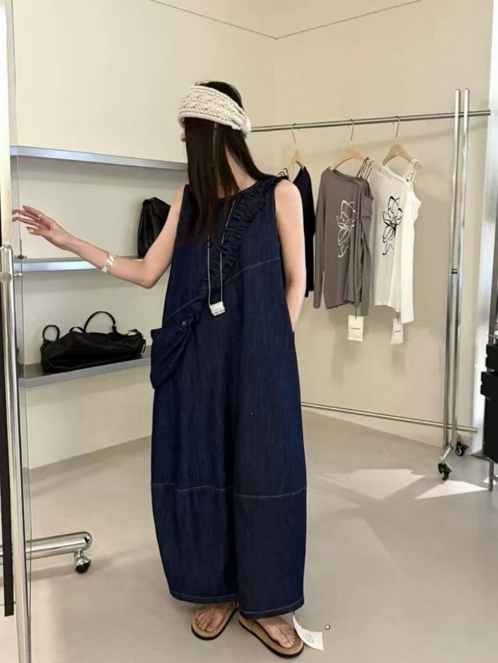 Denim Sleeveless Ruffle Trim A-Line Maxi Dress 2