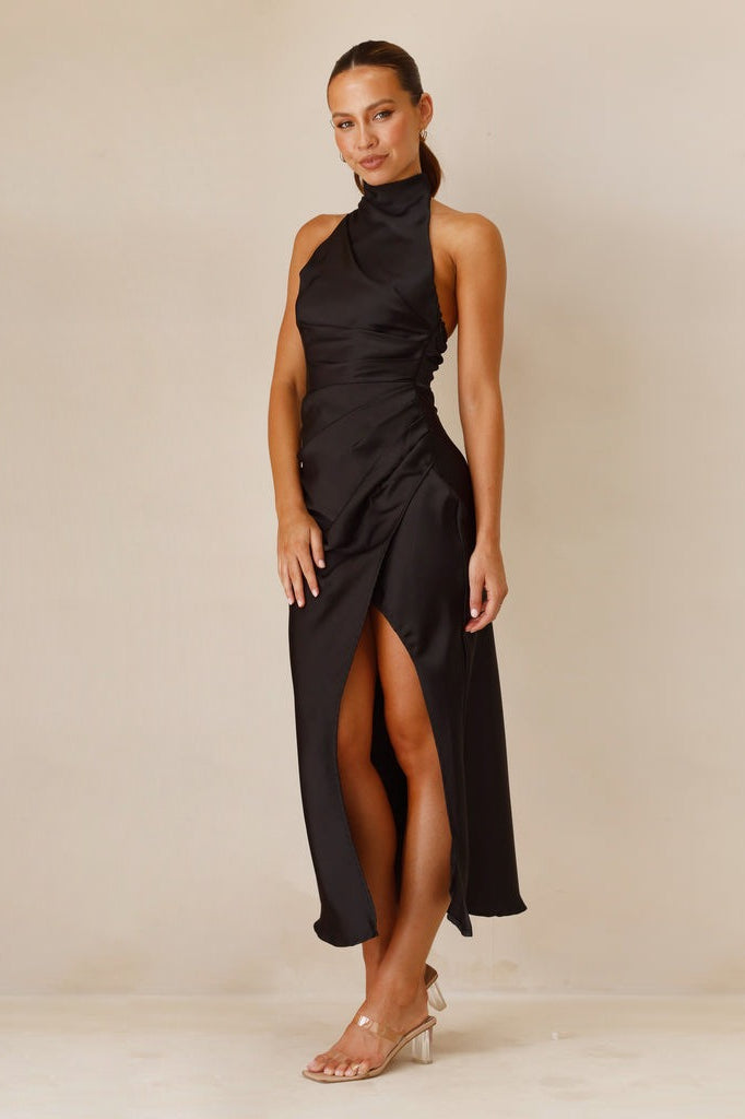 Halter Slim Solid Color Slit Sleeveless Maxi Cocktail Dress - View 5