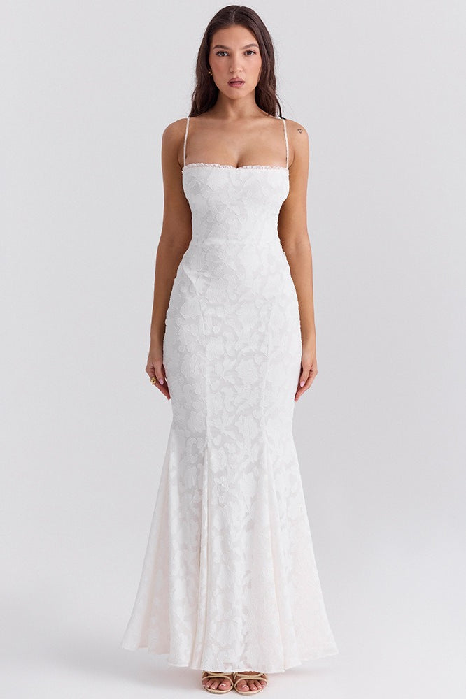 Lace Square Neck Spaghetti Strap Mermaid Gown - View 9