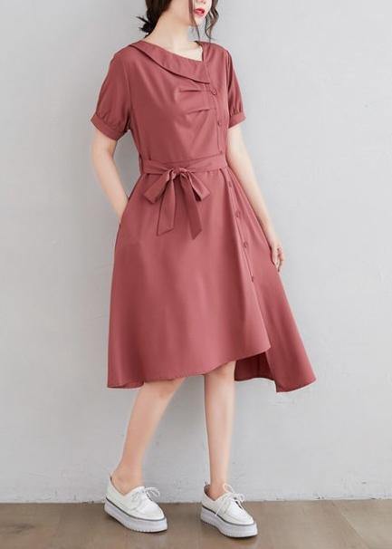 Asymmetric Collar Button Front Pocket Tie Belt A-Line Dress - View 3