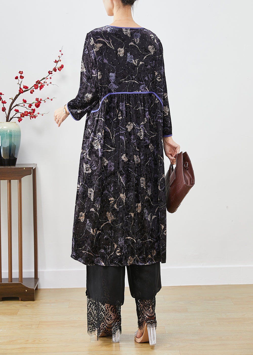 Velvet Floral Print Empire Waist Long Sleeve Lace Hem Set - View 4