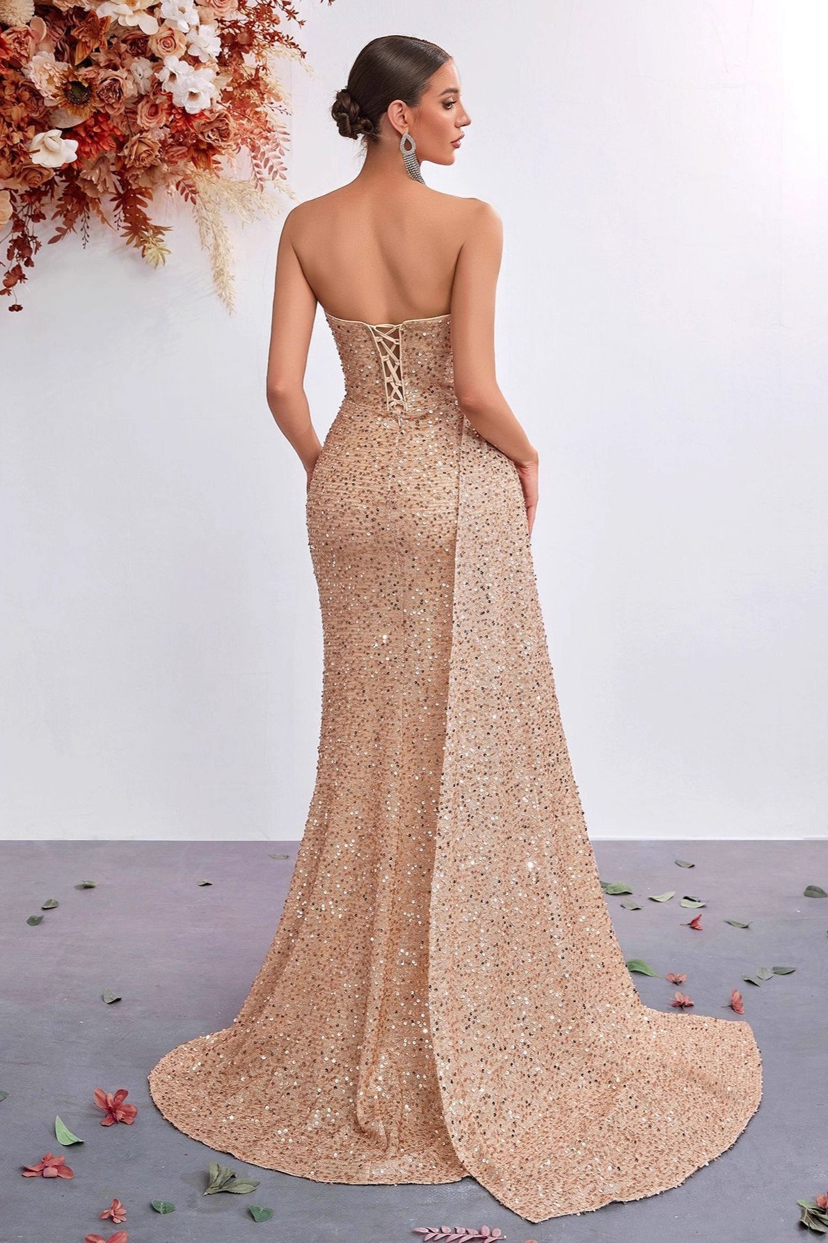 Sequin Strapless Sweetheart Ruched High Split Mermaid Gown - View 3