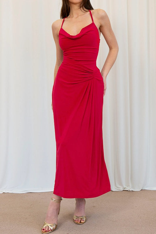 Cowl Neck Strappy Ruched Draped Maxi Dress 2