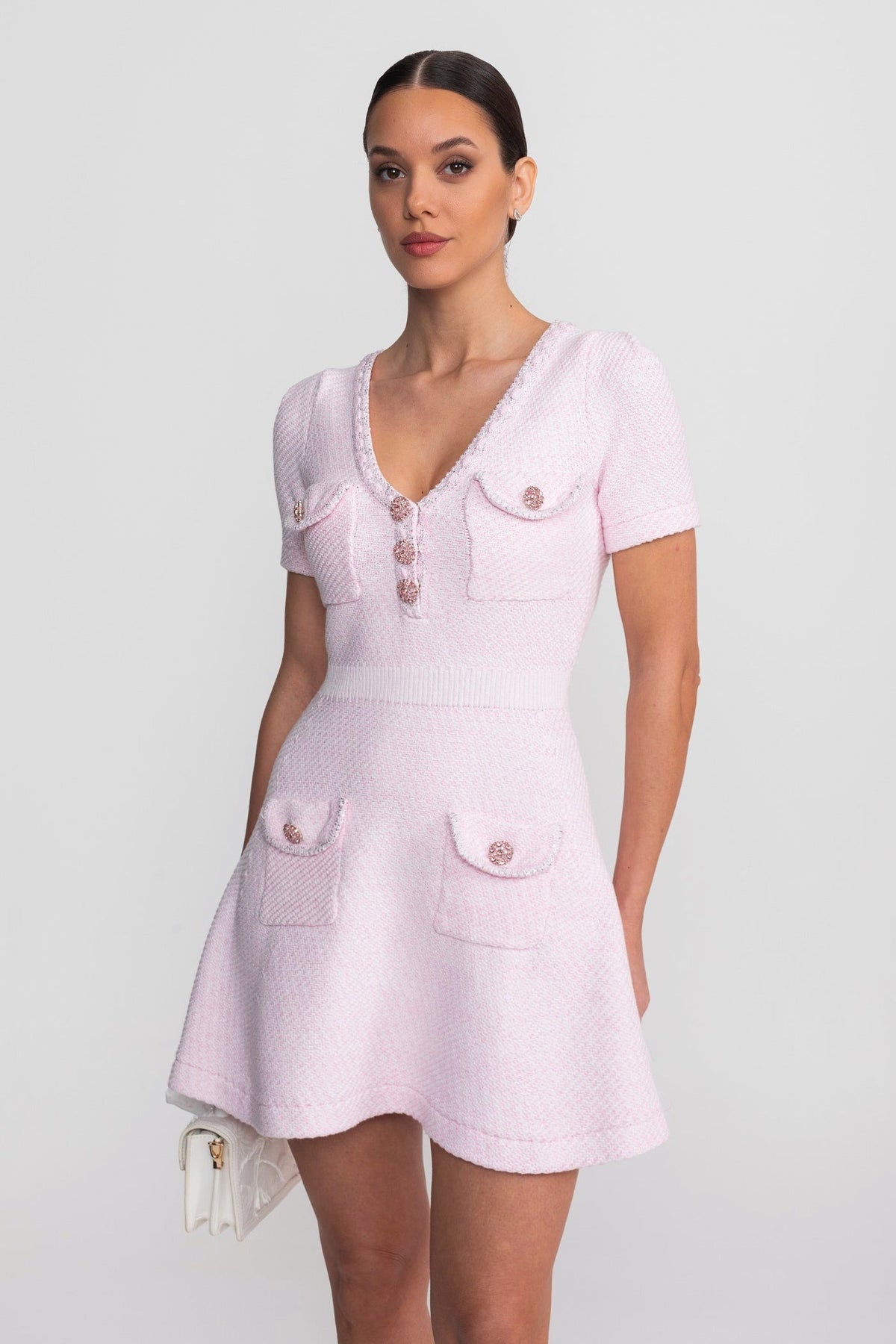 Tweed V-Neck Short Sleeve Jewel Button Patch Pocket A-Line Mini Dress - View 4