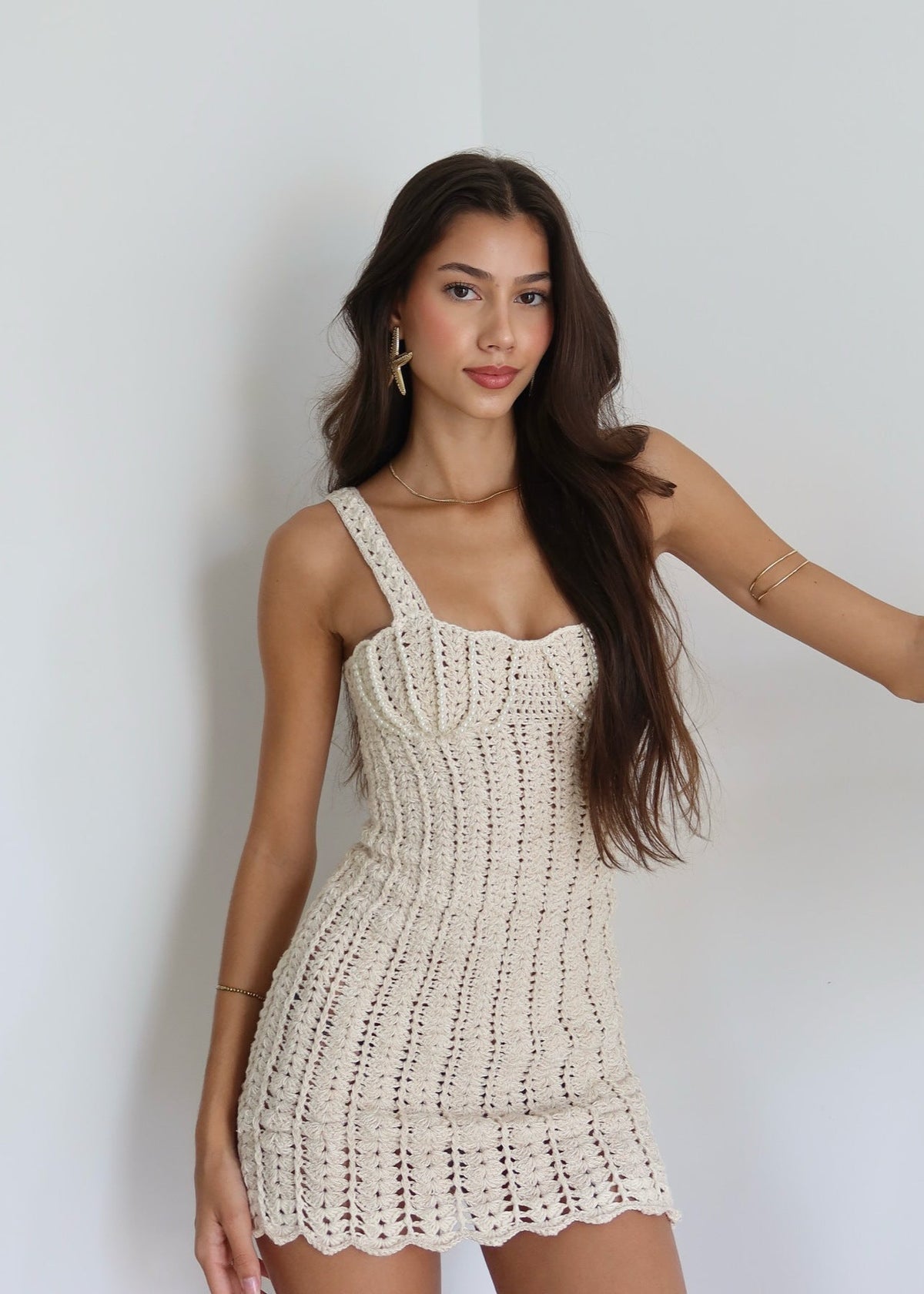 Crochet Knit Sweetheart Wide Strap Bodycon Mini Dress in Apricot - View 2