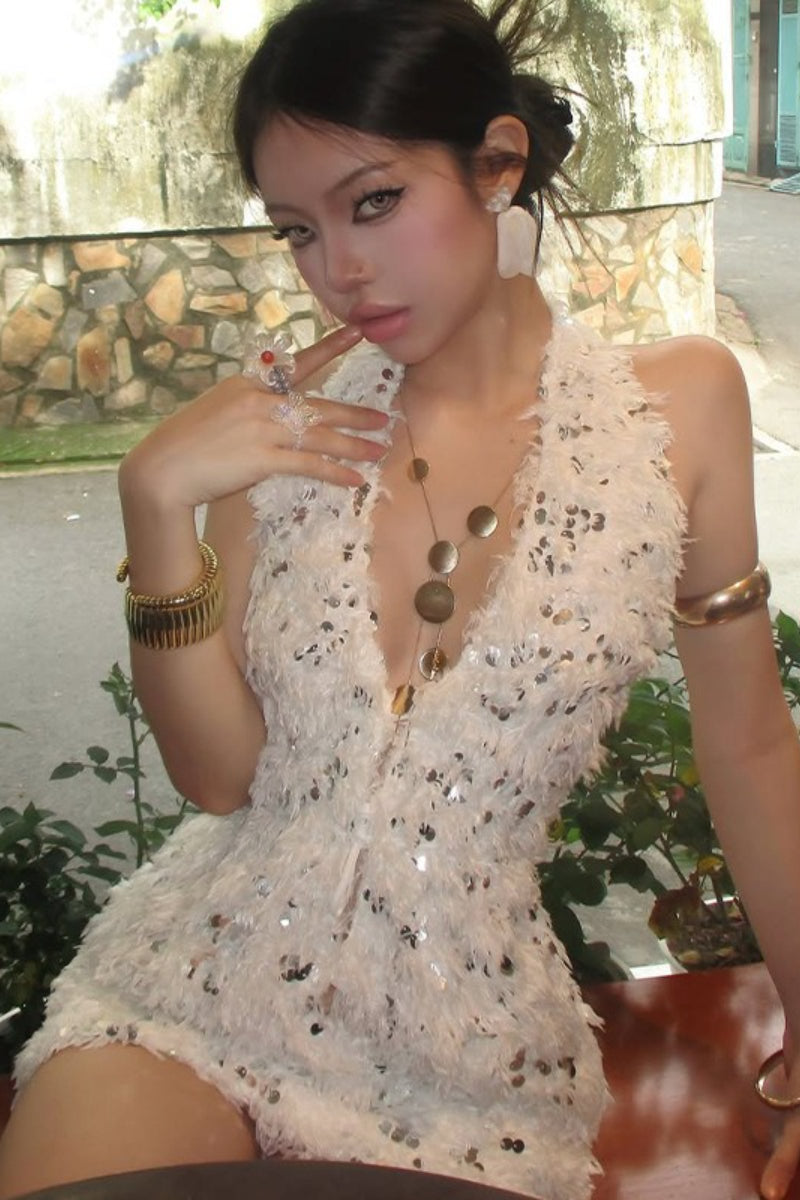 Feather Sequin Deep V-Neck Backless Bodycon Mini Party Dress