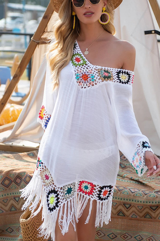 White Fringe Trim Boho Dress