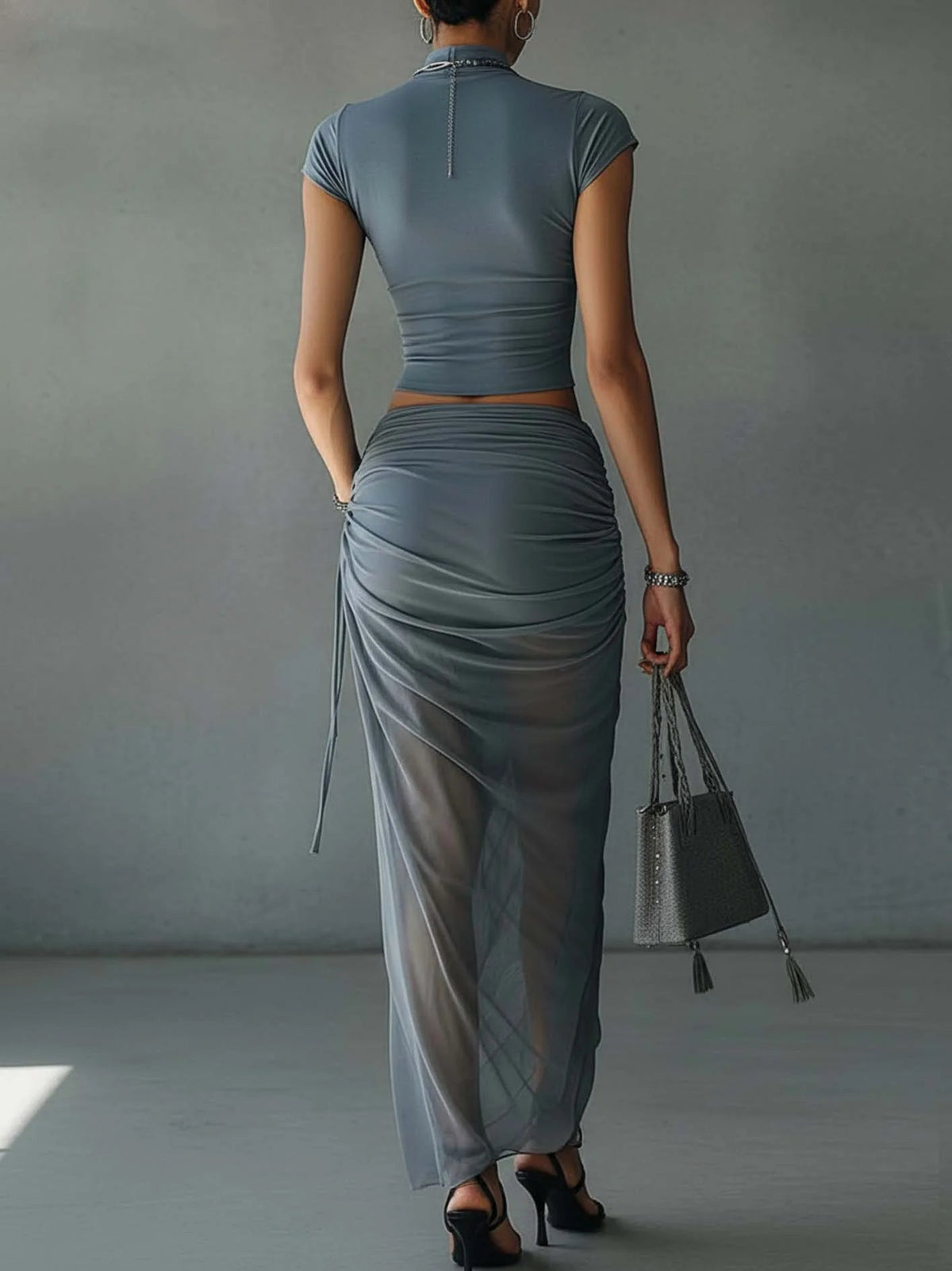 Mock Neck Crop Top and Ruched Mesh Maxi Skirt Two Piece Set 2