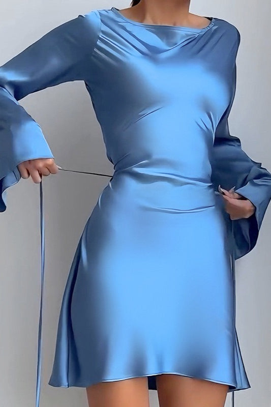Elegant Satin Waist Tie Slim Bodycon Cocktail Cocktail Dress in Blue