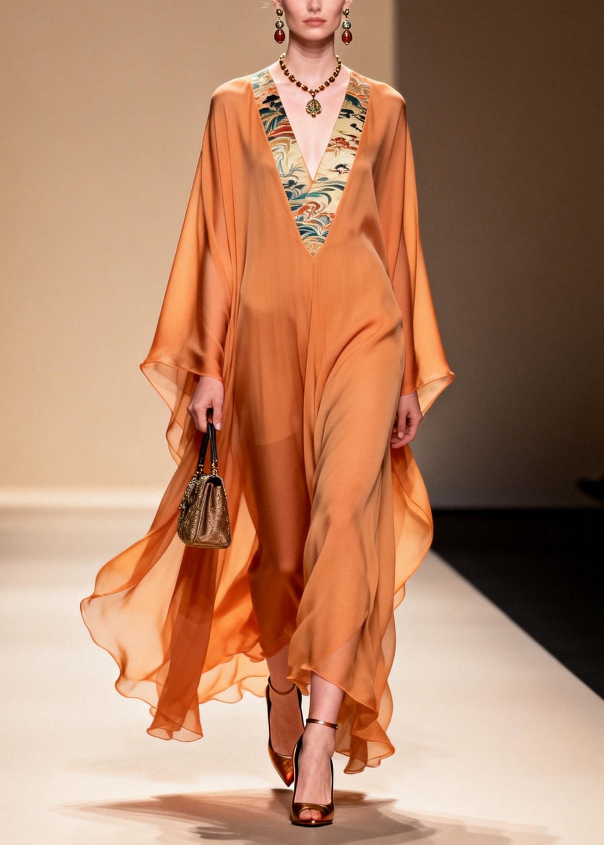 Landscape Trim Deep V-Neck Kimono Sleeve Kaftan Maxi Gown - View 4