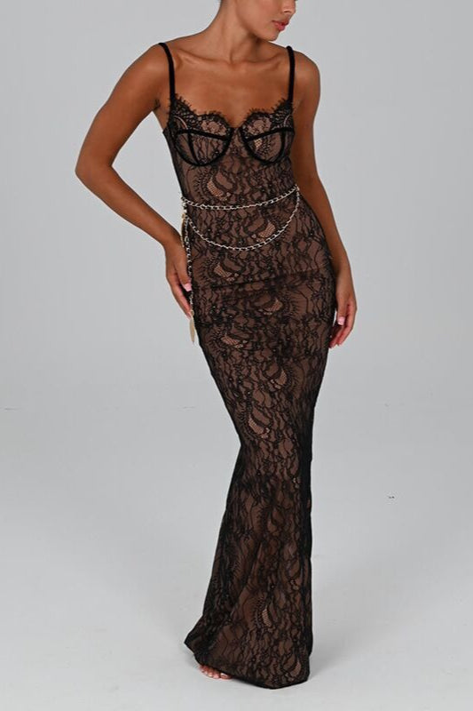 Lace Sweetheart Spaghetti Strap Sheer Mermaid Maxi Dress