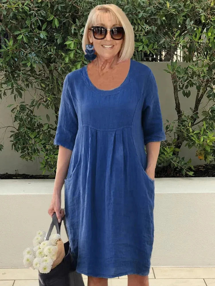 Linen Look Scoop Neck Pocket Knee Length Summer Shift Dress - View 2