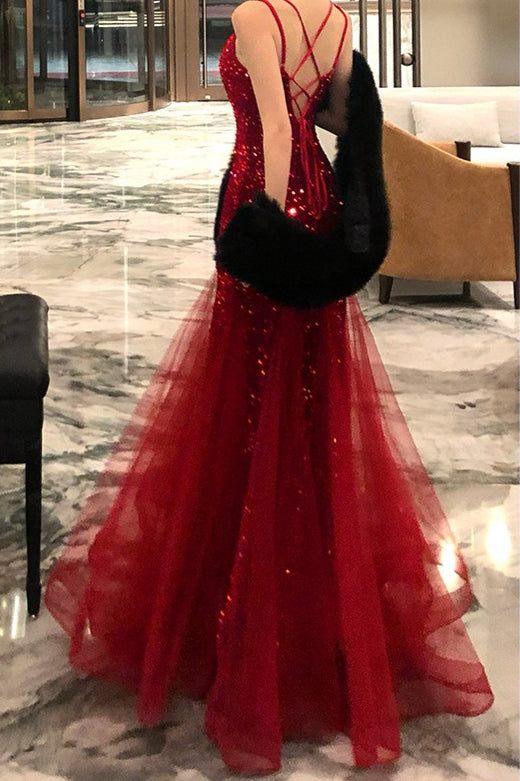 Sequin Sweetheart Spaghetti Strap Tulle Mermaid Maxi Gown - View 4