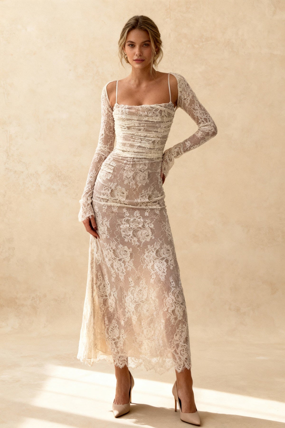 Elegant Lace Mesh Long Sleeve Lace Dress