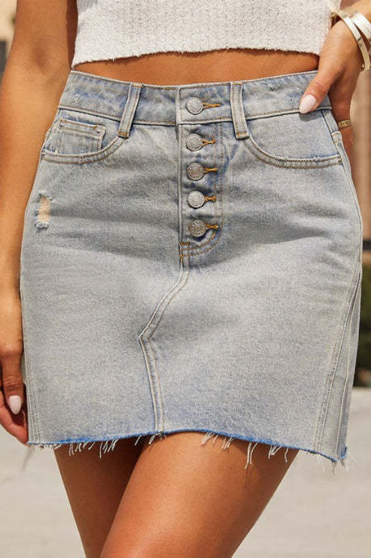 Raw Hem Button Front Denim Mini Skirt