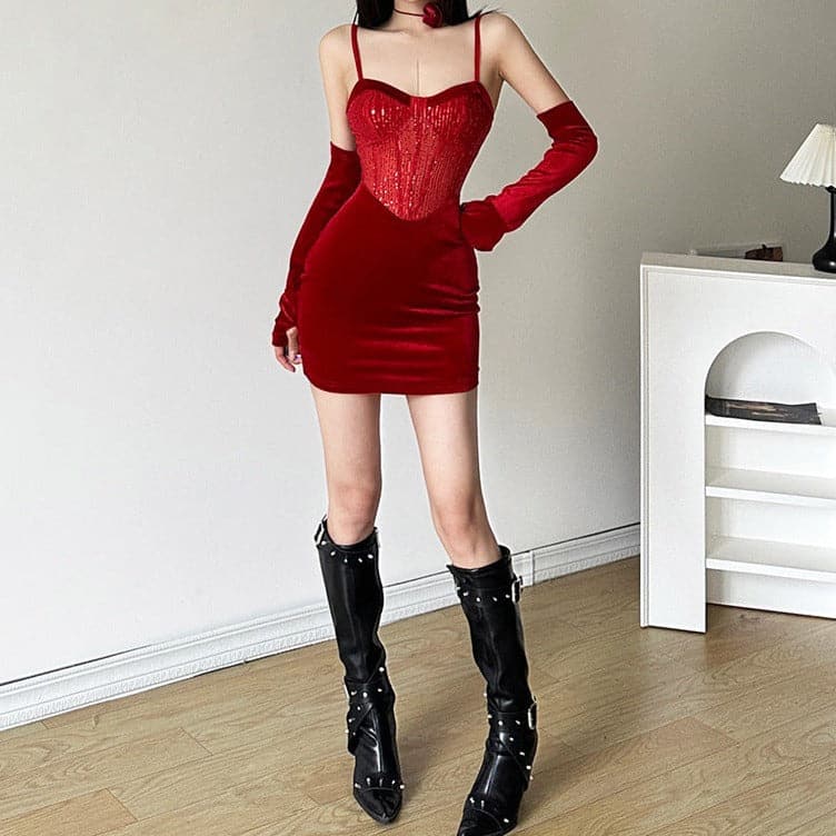 Sweetheart neck gloves velvet glitter mesh patchwork cami dress - View 12