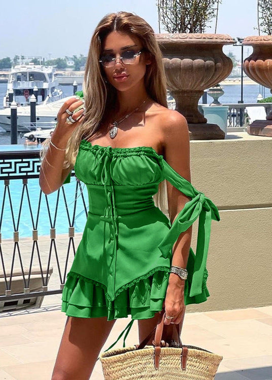Tie Shoulder Corset Button Front Lace Trim Tiered Mini Dress in Green - View 2