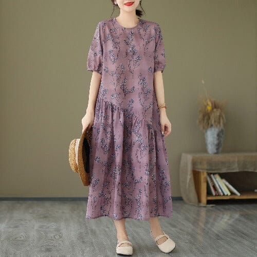 Floral Print Round Neck Short Puff Sleeve Asymmetrical Midi Dress - View 6
