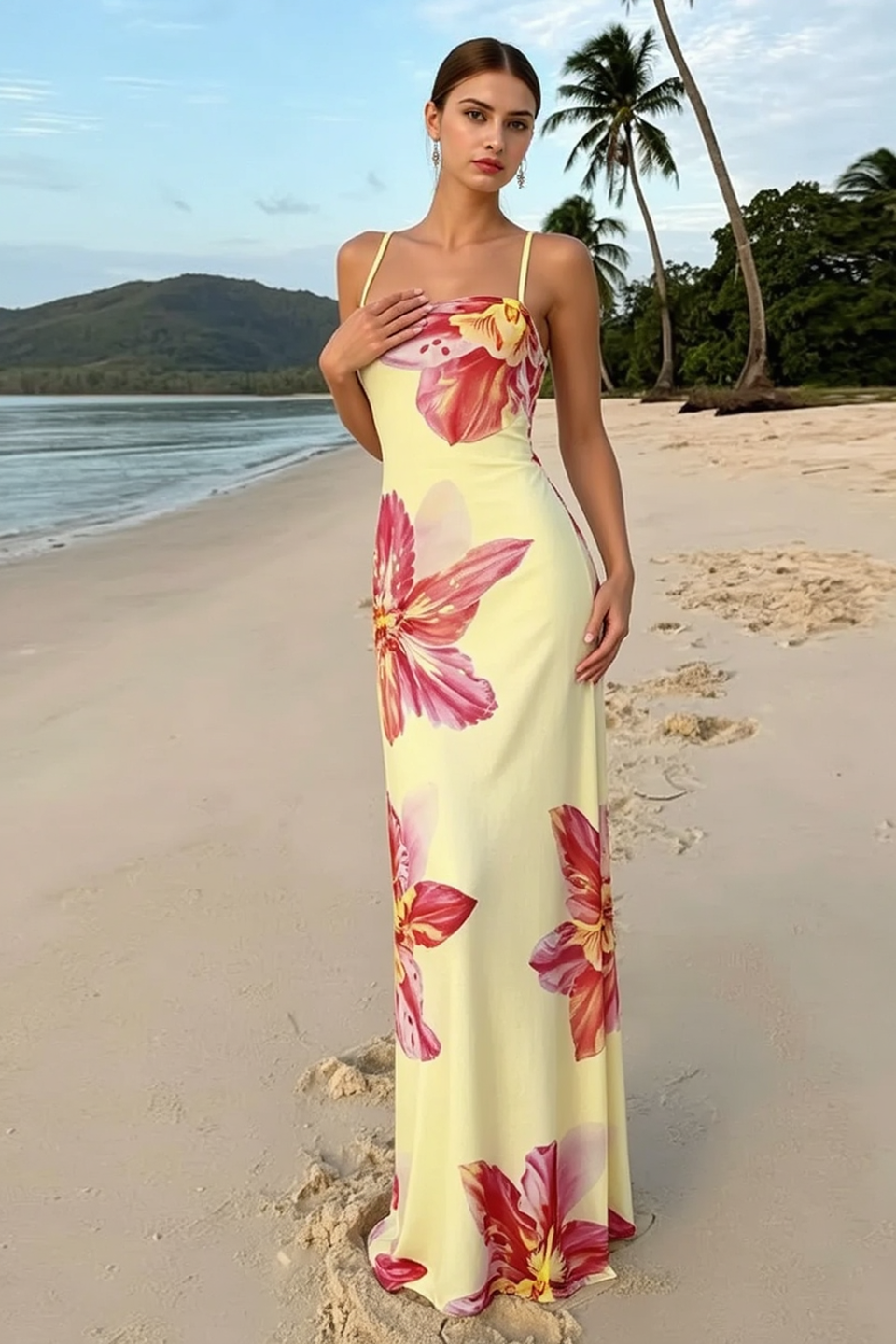 Tropical Floral Cowl Neck Spaghetti Strap Satin Slip Maxi Dress