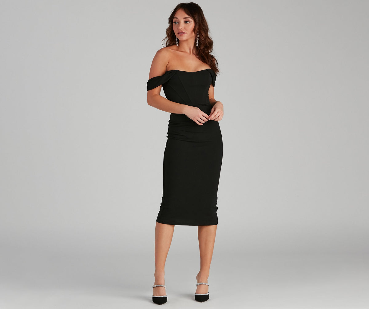 Off Shoulder Corset Crepe Bodycon Midi Dress