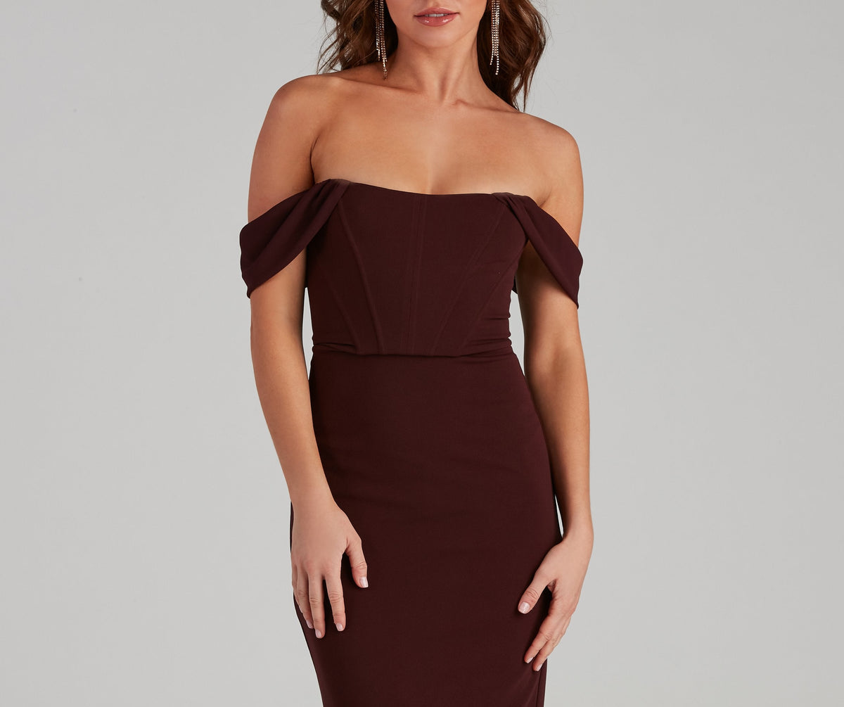 Off Shoulder Corset Crepe Bodycon Midi Dress - View 11