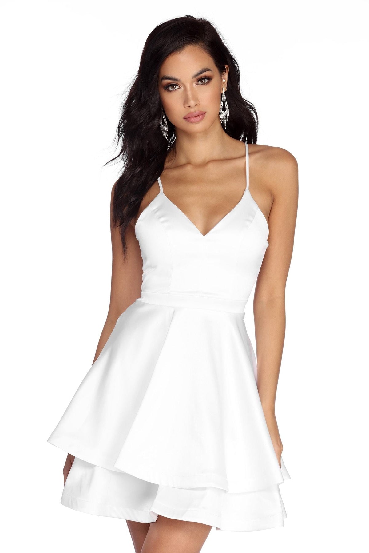 Satin V-Neck Tiered Layer Fit and Flare Skater Mini Dress