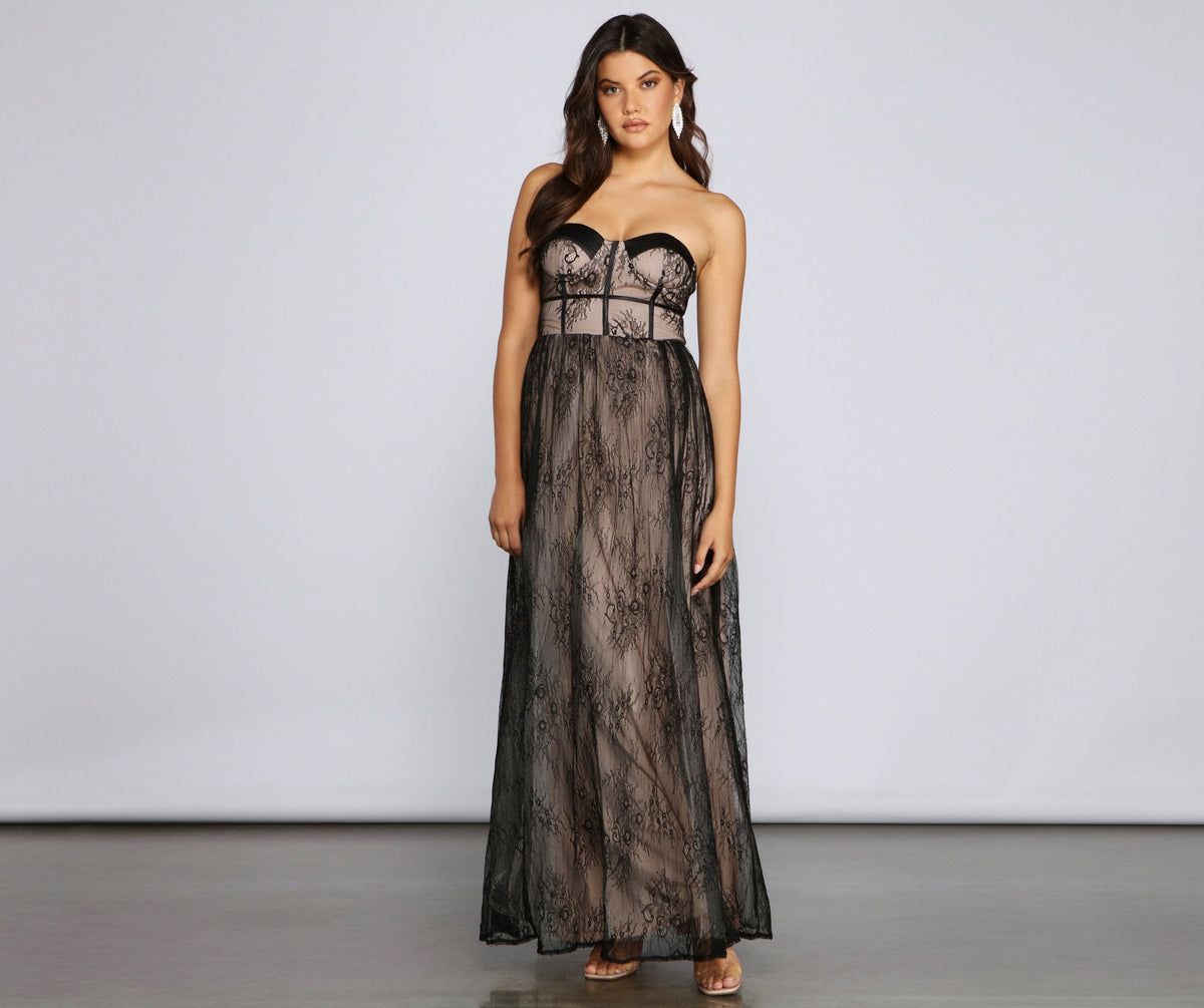 Lace Strapless Sweetheart Corset A-Line Maxi Gown