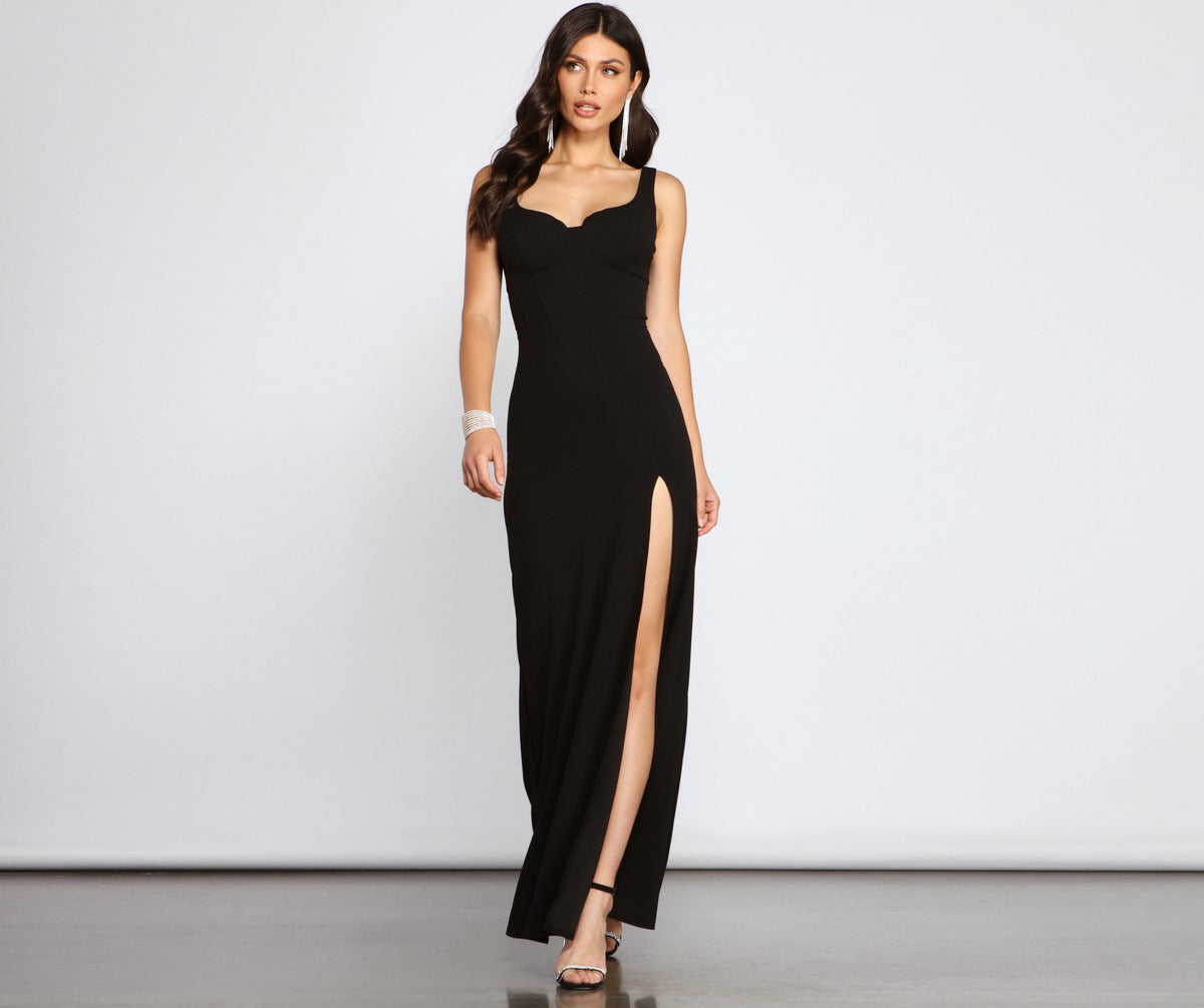 Sweetheart Bustier High Split Crepe Column Maxi Gown