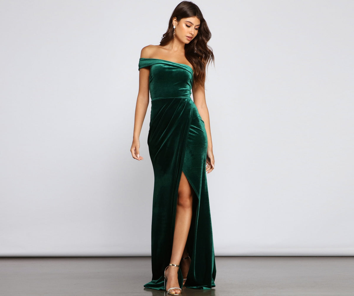 Velvet Off Shoulder Ruched High Split Formal Gown - View 2