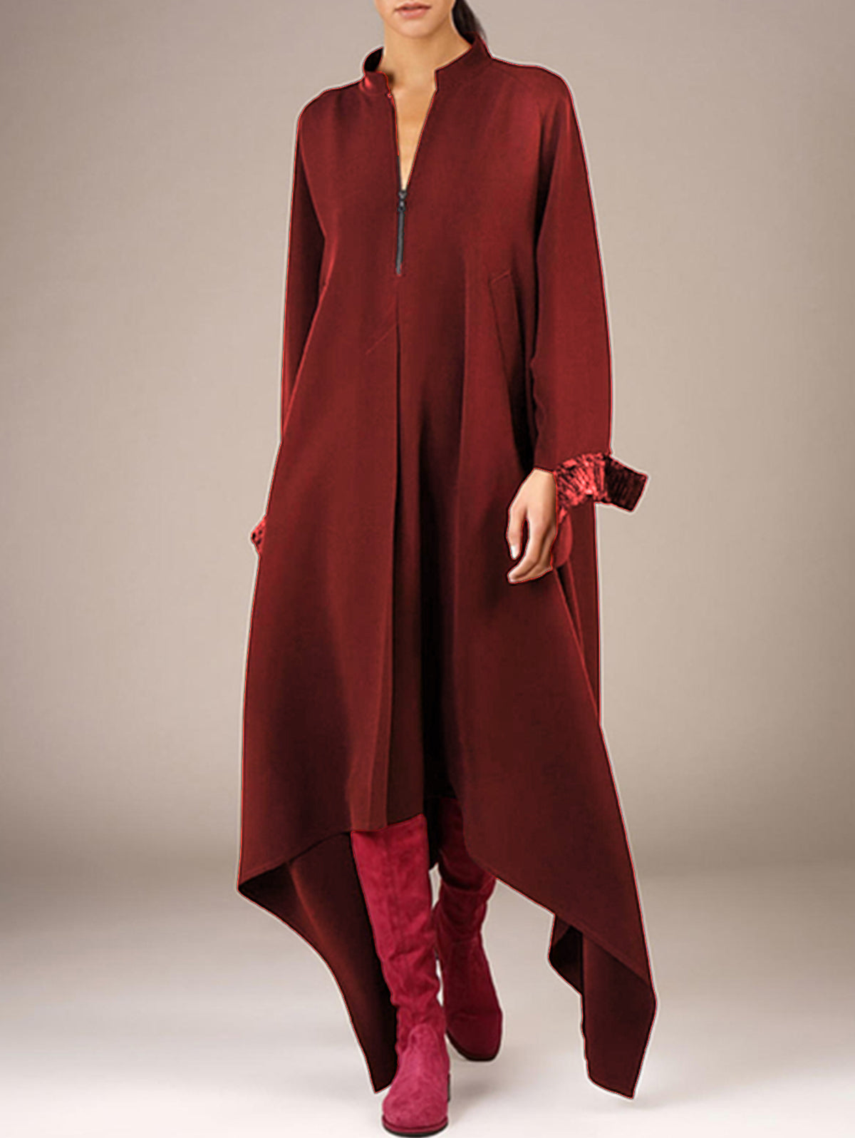 Zip Front Mock Neck Long Sleeve Contrast Cuff Midi Dress - View 2