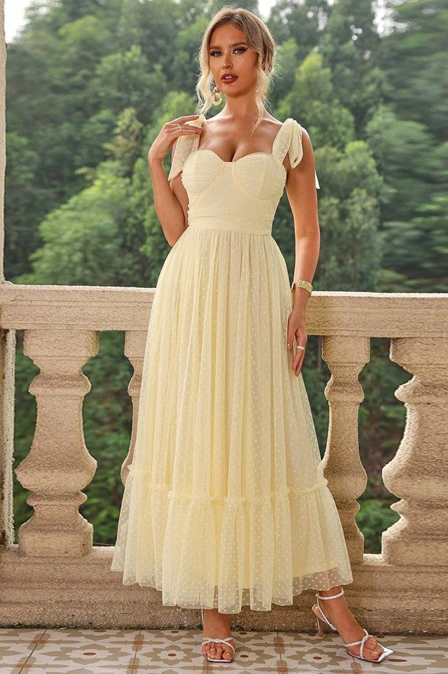 Tulle Swiss Dot Bustier Sweetheart Tie Shoulder Tiered Maxi Dress - View 2