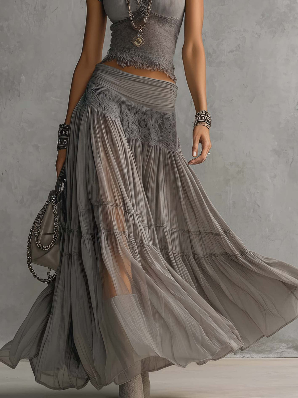 Lace Trim Short Sleeve Top and Tiered Mesh Maxi Skirt Two Piece Set 4