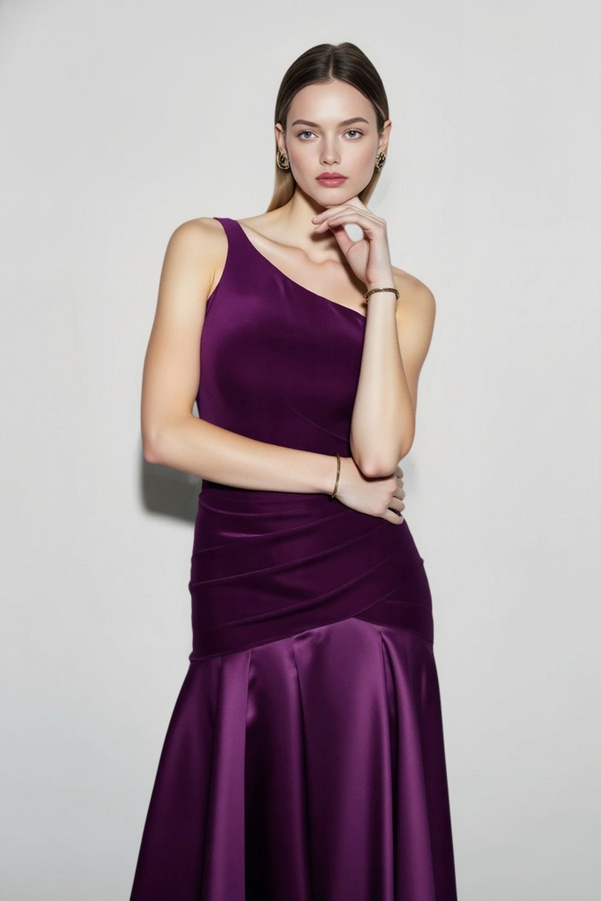 One Shoulder Ruched Velvet Satin Mermaid Gown 8