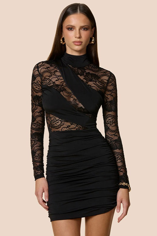 High-Neck Lace Sheer Mesh Dress