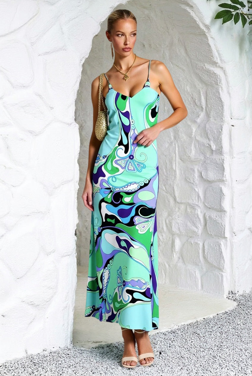 V-Neck Spaghetti Strap Swirl Print Satin Maxi Dress 5