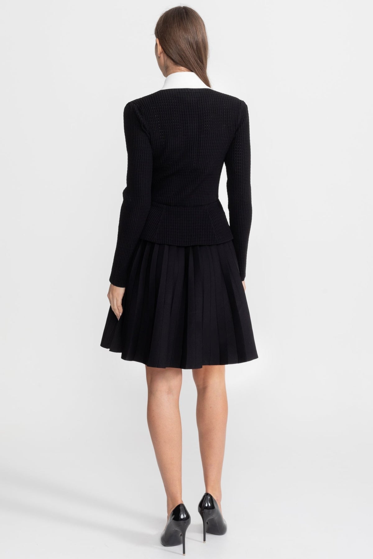Ribbed Knit Mini Dress with Contrast Collar and Pleated Skirt – Black - View 4