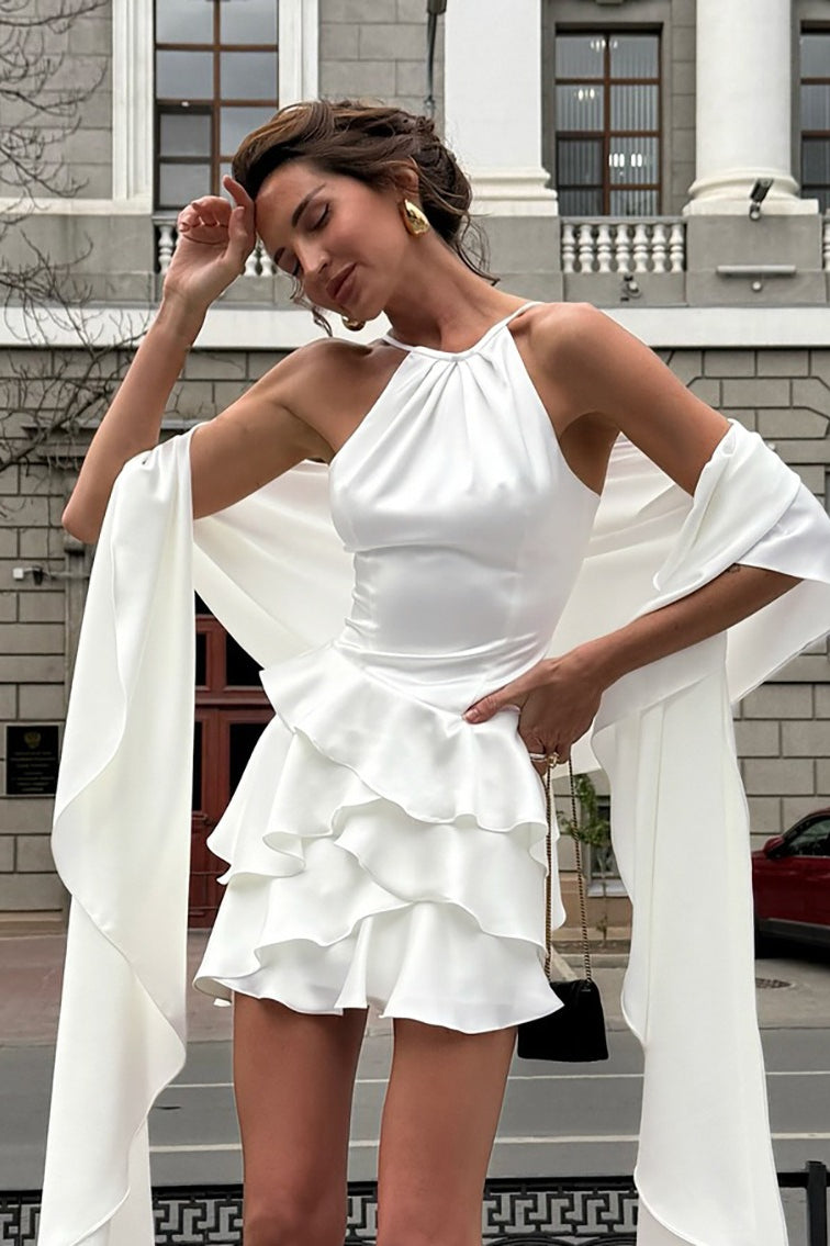 Satin Halter Neck Cape Sleeve Tiered Ruffle Mini Dress