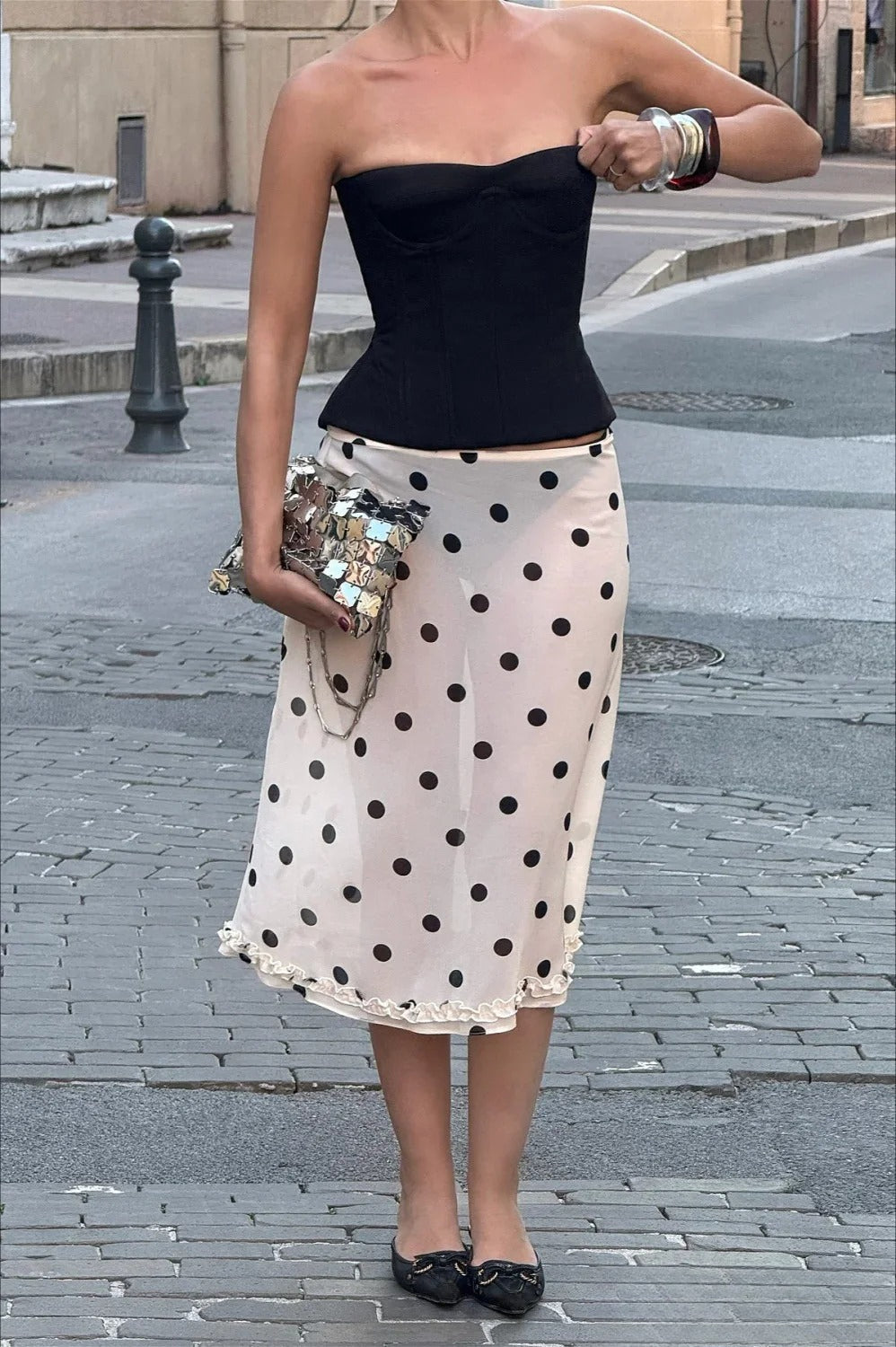 Polka Dot Satin High Waist A-Line Skirt
