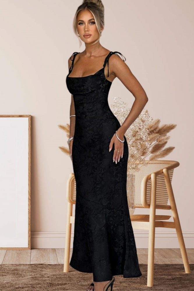 Square Neck Tie Strap Jacquard Mermaid Maxi Dress 14