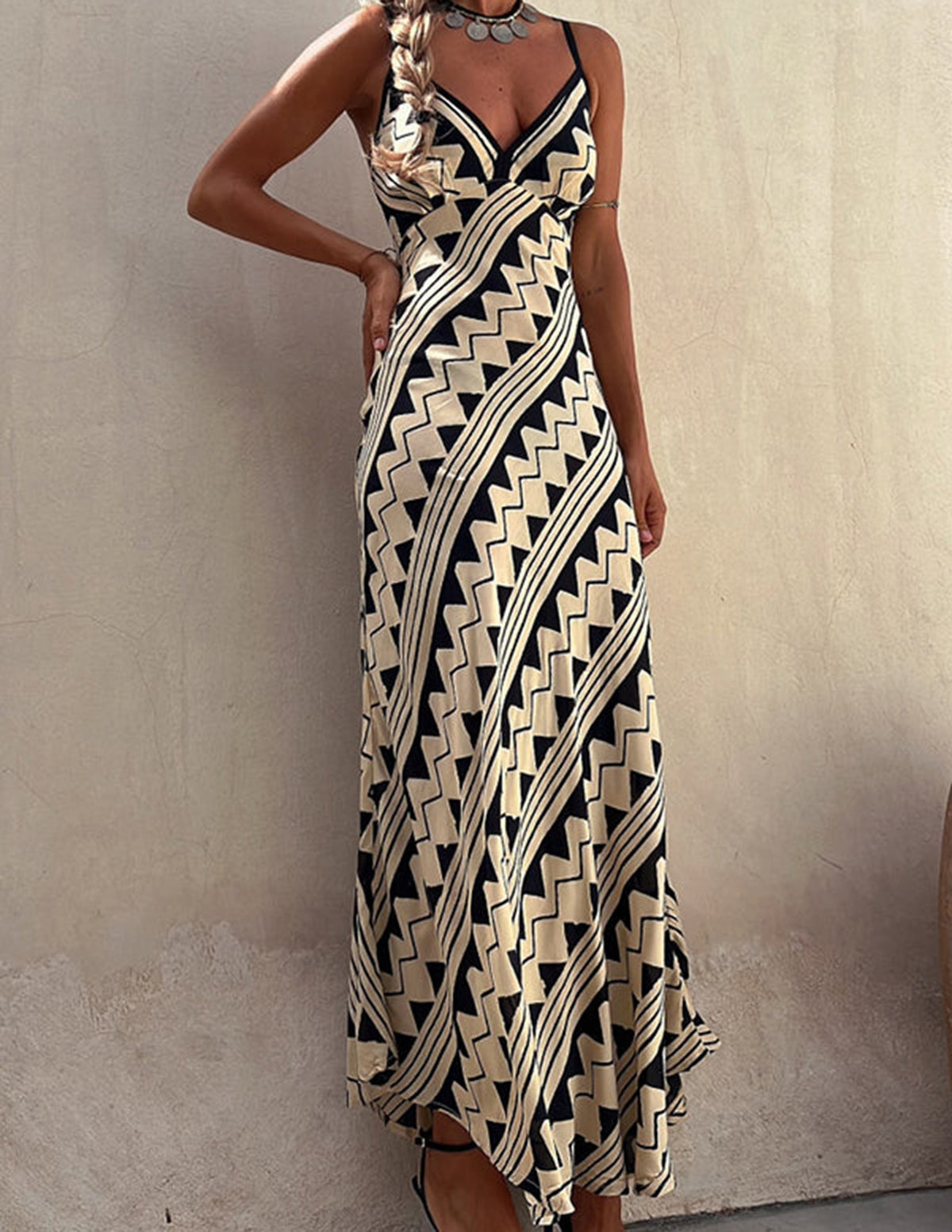 Exclusive Melody Satin Ethnic Print Smocked Back Midi Dress in White - View 3
