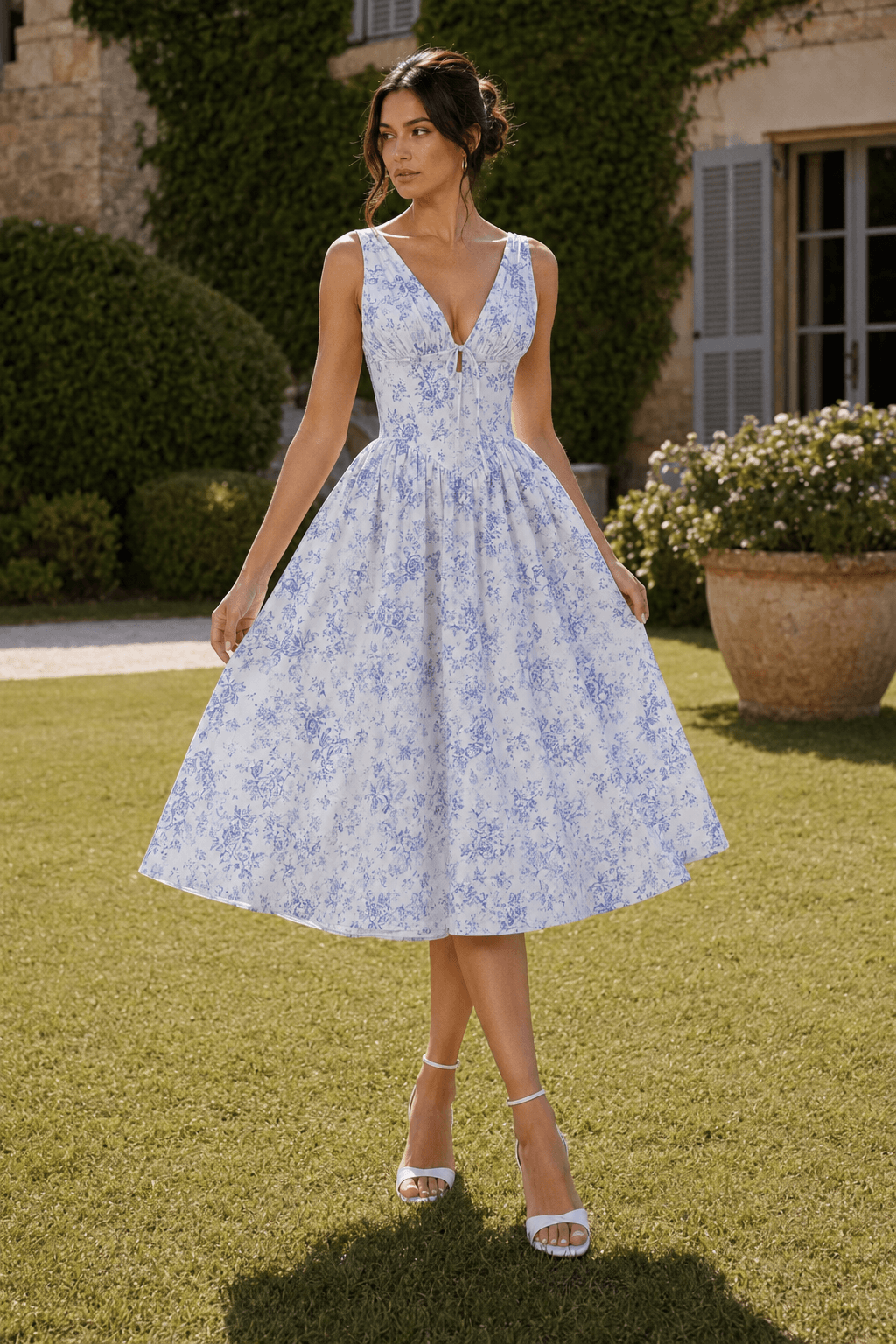 Floral Deep V-Neck Ruched Bodice Fit and Flare Midi Dress 4