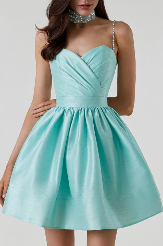 Rhinestone Spaghetti Strap Sweetheart Pleated Fit and Flare Mini Dress - View 3