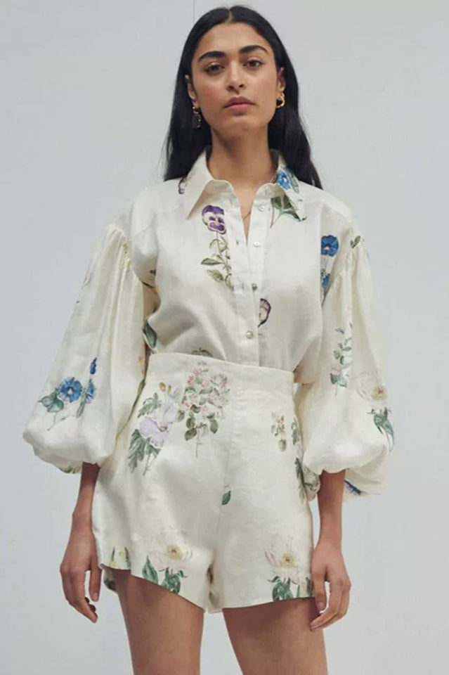 Floral Print Balloon Sleeve Shirt and High Waist Shorts Two Piece Set