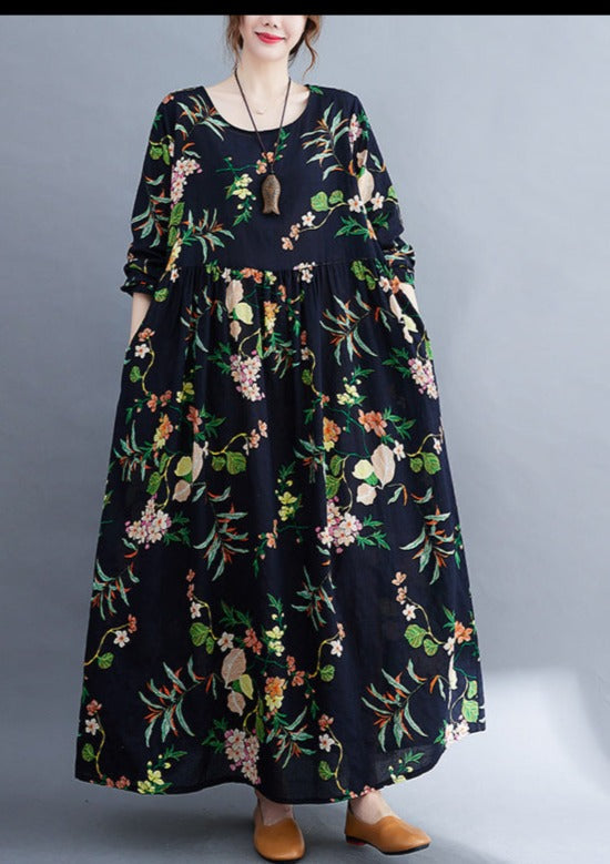 Floral Print Round Neck Long Sleeve Empire Waist Oversized Maxi Dress - View 3