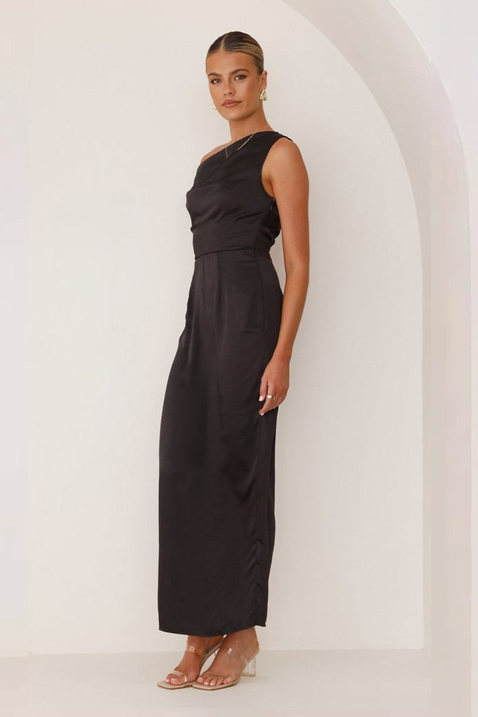 Satin One Shoulder Draped Column Maxi Dress - View 5