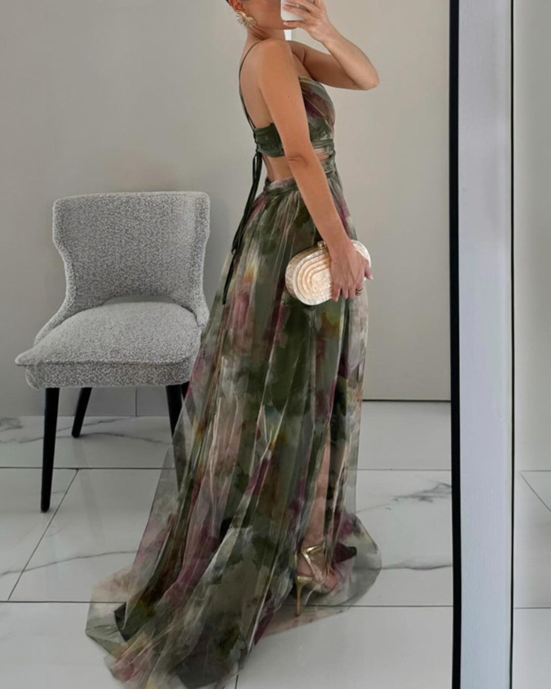 Floral Print Chiffon Deep V-Neck Ruched Waist A-Line Maxi Dress 7