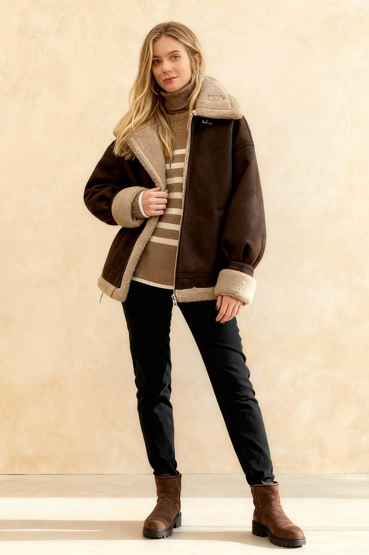 Vintage Oversized Suede Sherpa-Lined Coat