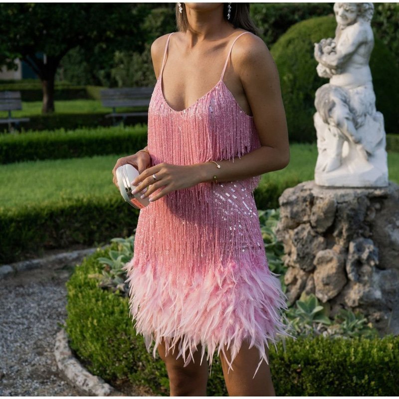 Sequin Feather Fringe Spaghetti Strap Bodycon Mini Dress - View 11