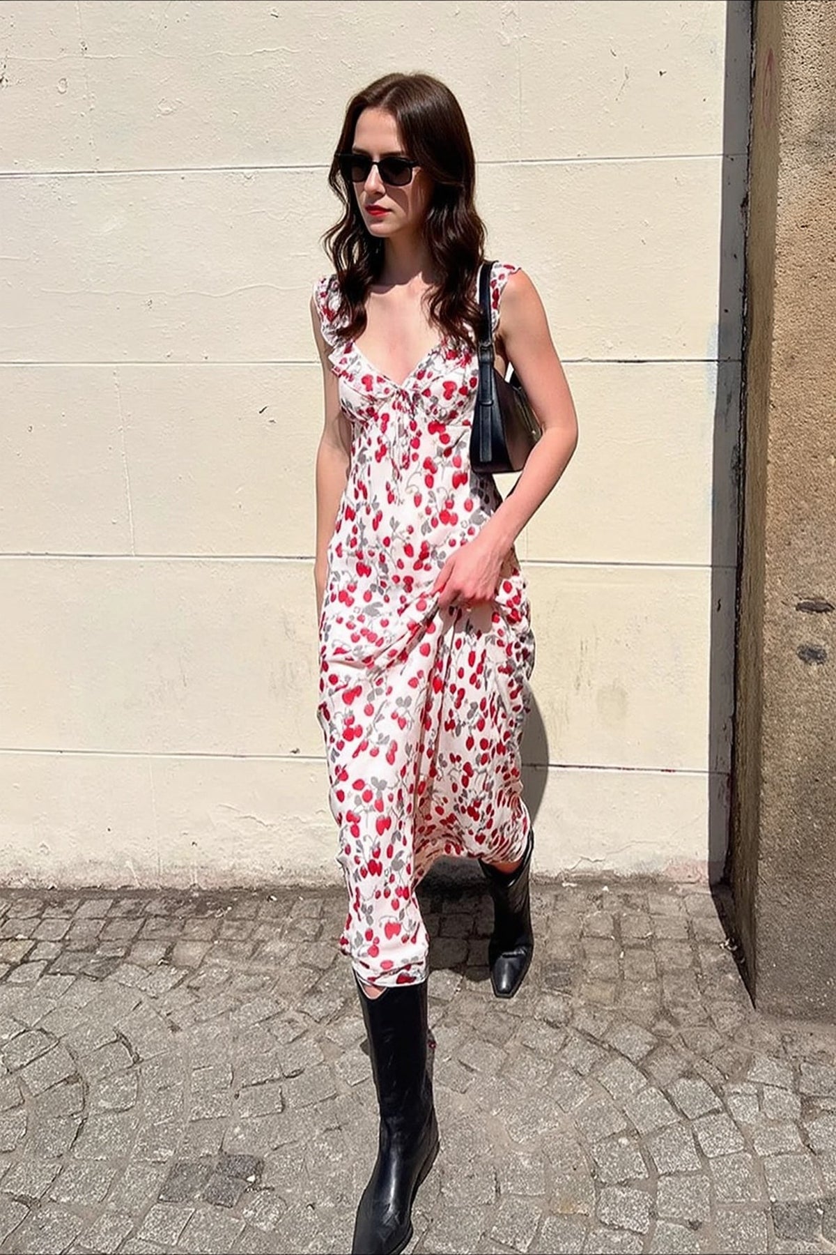 Strawberry Print Ruffle Strap Tie Front Satin Slip Midi Dress 4